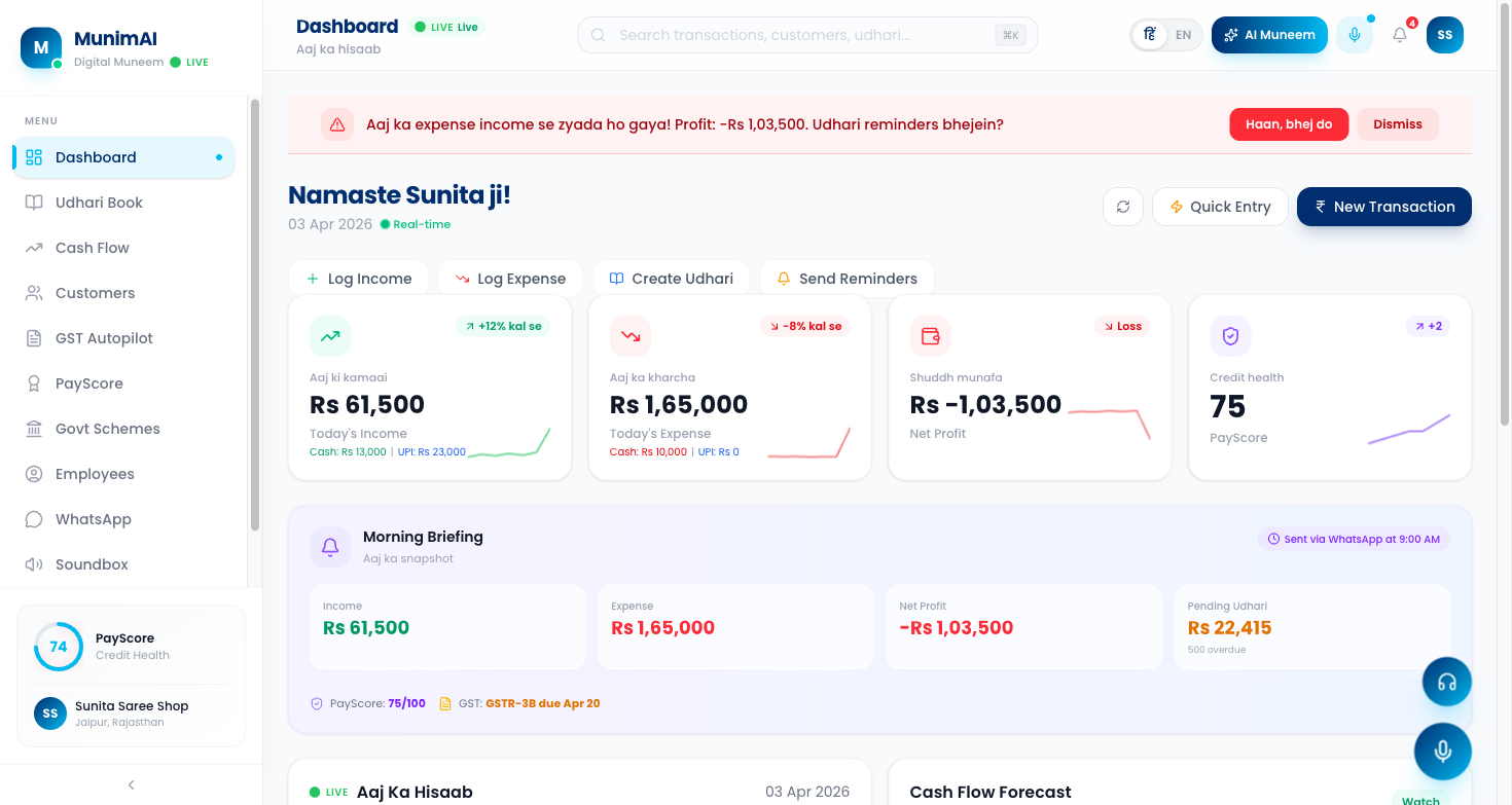 MunimAI Dashboard with P&L and morning briefing