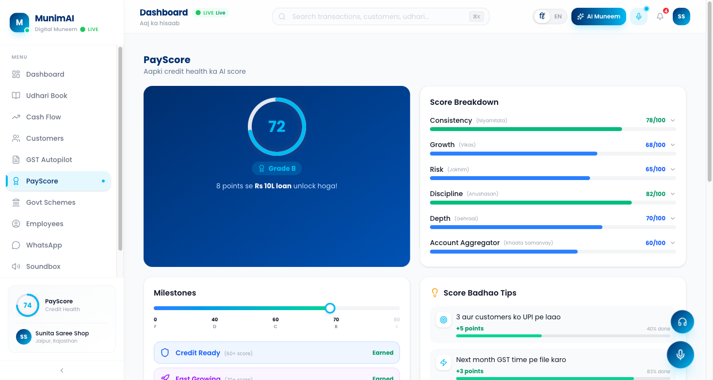 PayScore gauge with breakdown and improvement tips